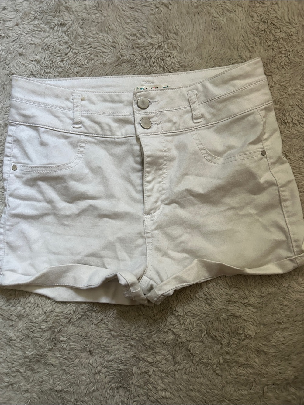love, Fire White High-Waist Double-Button Denim Shorts